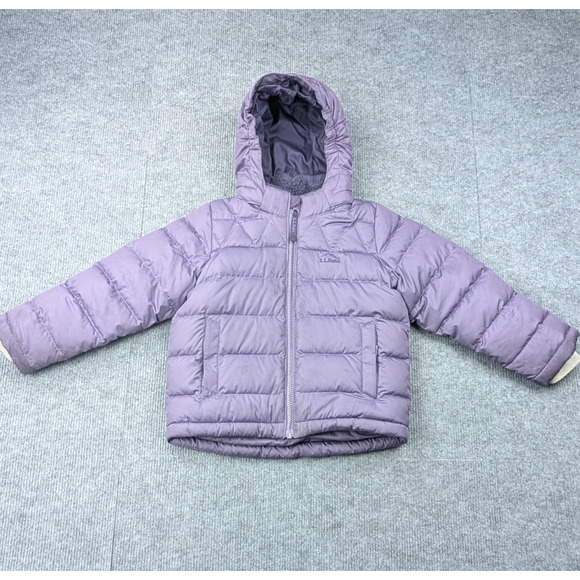 LL Bean Down Puffer Jacket Girls Small Hooded Full Zip Coat Fleece Lined Purple - Picture 1 of 10